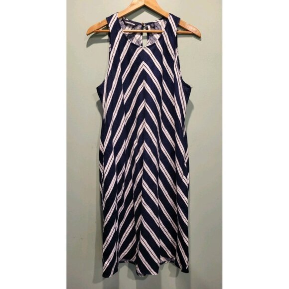 Lands End 100% Linen Sleeveless A-line Midi Dress Navy White Sz LT Pockets - Picture 1 of 10